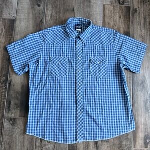 Wrangler Mens VTG Western Plaid Pearl Snap Single Stitch SS Shirt,Blue White,XXL